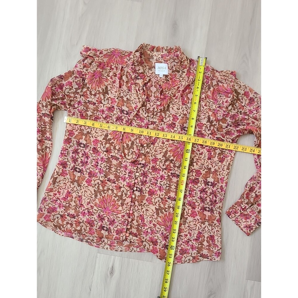 MISA Analeigh Blouse Floral Ruffle Tie-Neck Blouse Pink Multi Large Light Summer - Picture 3 of 7